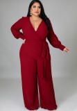 Plus Size Red Wrap Long Sleeves V-Neck Jumpsuit