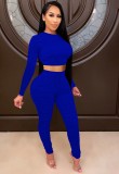 Blue Long Sleeves Round Neck Crop Top and Pants Two Piece Set
