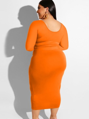 Plus Size Orange Long Sleeves U-Neck Crop Top and Tie Midi Skirt Two Piece Set