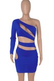 Blue Cut Out Single Sleeve Skew Neck Skinny Dress