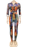 Print Button Up Tight Blouse and High Waist Pants Two Piece Set