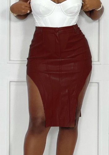 Burgunry Leather High Waist Asymmetric Skinny Skirt