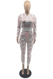 Smile Print Zipped Up Long Sleeve Crop Top and Pants Two Piece Set