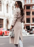 Casual Beige Turndown Collar Long Sleeve Long Woolen Coat with Belt