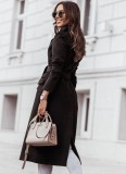 Casual Black Turndown Collar Long Sleeve Long Woolen Coat with Belt