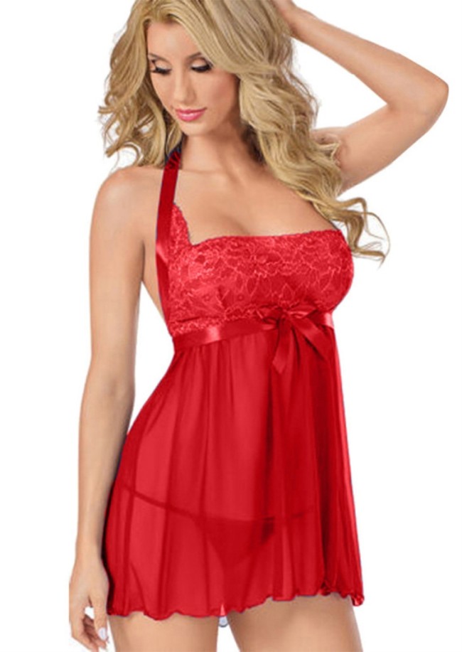 Red Lace Chiffon Bow-Tie Halter Lingerie