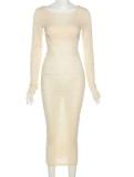 Beige Knitted Cut Out Fitted Long Dress and Bra 2PCS Set