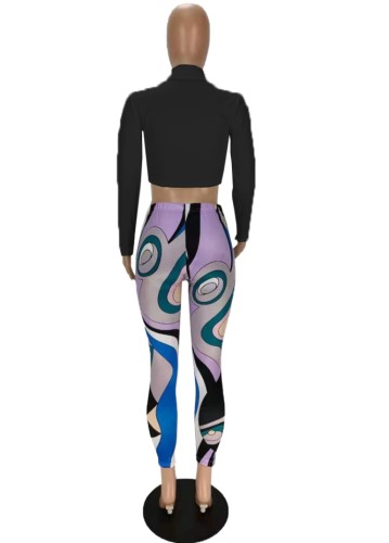 Black Knotted Long Sleeve Turndown Collar Crop Top and Print Legging Two Piece Set