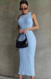 Blue Kintted Sleeveless Fitted Long Dress