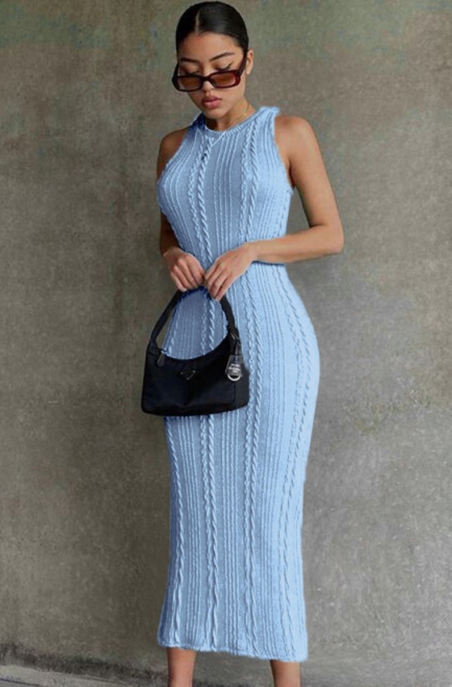 Blue Kintted Sleeveless Fitted Long Dress