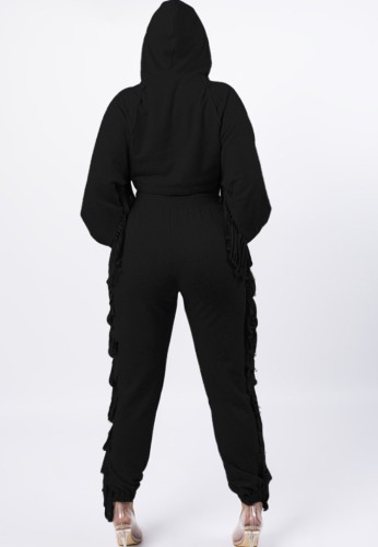 Black Long Sleeves Tassel Hoody Crop Top and Pants Two Piece Set