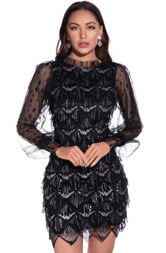 Black Sequins Tassels Irregular Long Sleeve Shiny Dress