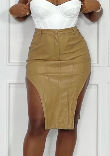 Khaki Leather High Waist Asymmetric Skinny Skirt