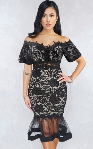 Black Lace Off Shoulder Cut Out Midi Mermaid Dress
