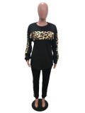 Plus Size Tape Leopard Print Black Long Sleeve O-Neck Top and Pant Two Piece Set