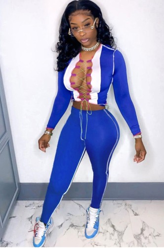 Blue Lace Up Long Sleeves O-Neck Crop Top and Pants Two Piece Set