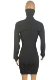 Black High Neck Puff Sleeve Ribbed Cape and Tank Dress Two Piece Set