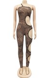 Print Hollow Out One Shoulder Slinky Jumpsuit