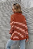Orange Stripe Ruffled Collar Button Long Sleeve Sweater Top