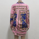 Retro Print Pink Button Up Long Sleeves Blouse and Shorts Two Piece Set