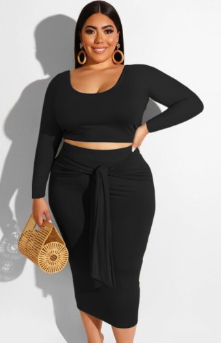 Plus Size Black Long Sleeves U-Neck Crop Top and Tie Midi Skirt Two Piece Set