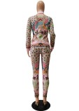 Retro Print Pink Button Up Long Sleeves Blouse and Pants Two Piece Set