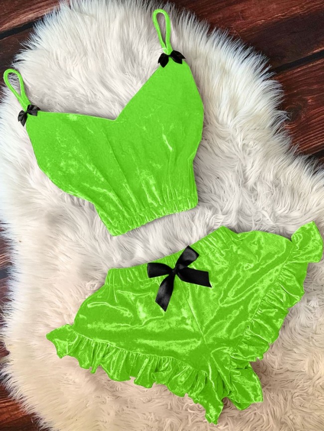 Green Cami Tank and Ruffles Shorts Pajama Two Piece Set