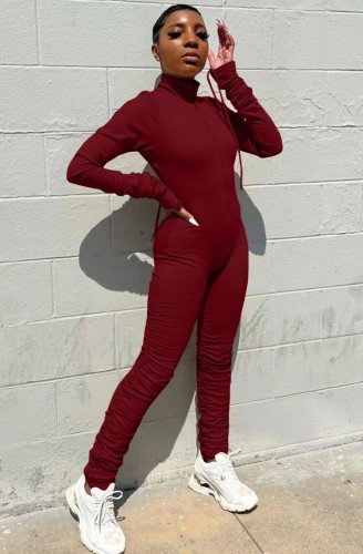 Red Zipped Up Long Sleeve High Neck Stack Slinky Jumpsuit