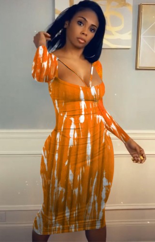 Print Orange Long Sleeve Midi Skinny Dress