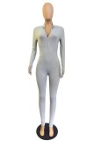 Grey Zipped Up Long Sleeve with Half Gloves Bodycon Jumpsuit