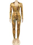 Snake Skin Long Sleeves V-Neck Fitted Top and Pants Two Piece Set