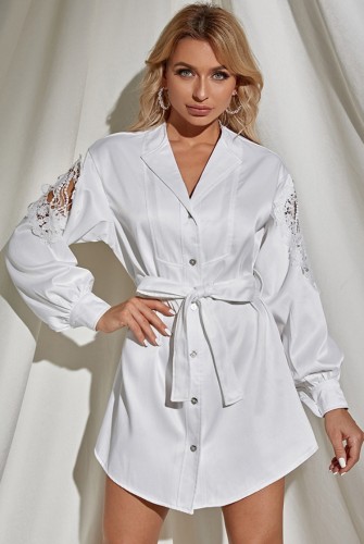 White Floral Lace Applique Long Sleeve Drop Shoulder Blouse Dress with Belt