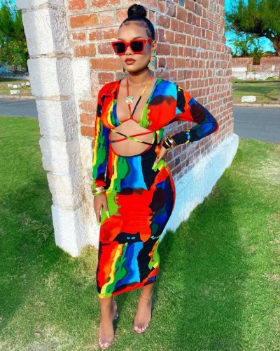 Colorful Print Cross Halter Cut Out Long Sleeve Fitted Midi Dress