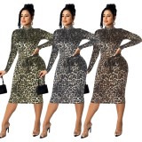 Green Leopard Knotted Zipped Up Long Sleeve Midi Dress
