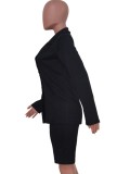 Black Long Sleeve Turndown Collar Blazer and Shorts Two Piece Set