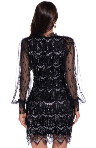 Black Sequins Tassels Irregular Long Sleeve Shiny Dress