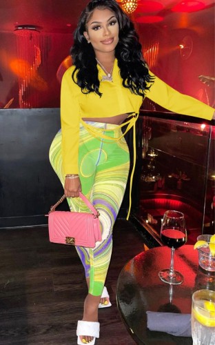 Yellow Button Up Long Sleeves Crop Shirt and Multicolor High Waist Tight Pants Two Piece Set