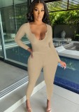 Khaki U-Neck Long Sleeves Slinky Top and Matching Pant Two Piece Set