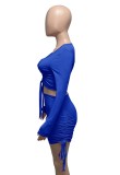 Blue Cut Out Tie Long Sleeve Crop Top and Mini Drawstring dress Two Piece Set