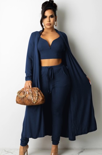 Blue Knit Cami Crop Top and Drawstring Pants with Long Cardigans Three Piece Set