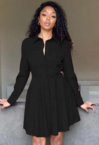 Black Ruffles Botton Open Long Sleeve Turndown Collar Midi Blouse Dress