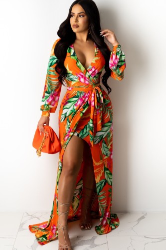 Print Floral Orange Wrap Long Maxi Dress with Belt