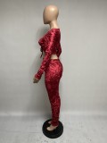 Red Velvet Long Sleeve V-Neck Crop Top and Overlap Pants Two Piece Set