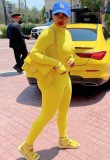 Yellow Zipper Up Thumb Hole Long Sleeve Stand Collar Fitted Jumpsuit