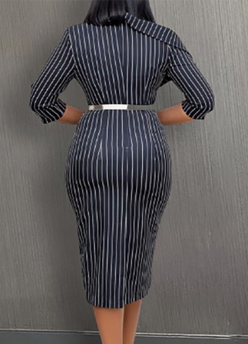 Stripes 3/4 Sleeve Slim Fit Office Midi Dress