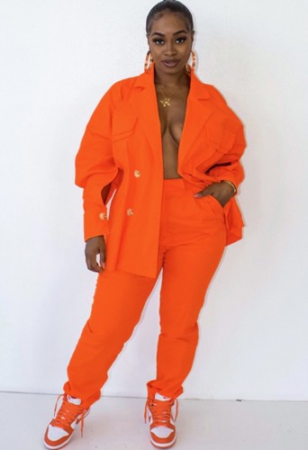 Orange Long Sleeve Turndown Collar Blazer and Pant Two Piece Set