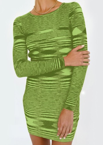 Green Kintted Long Sleeves O-Neck Mini Bodycon Dress
