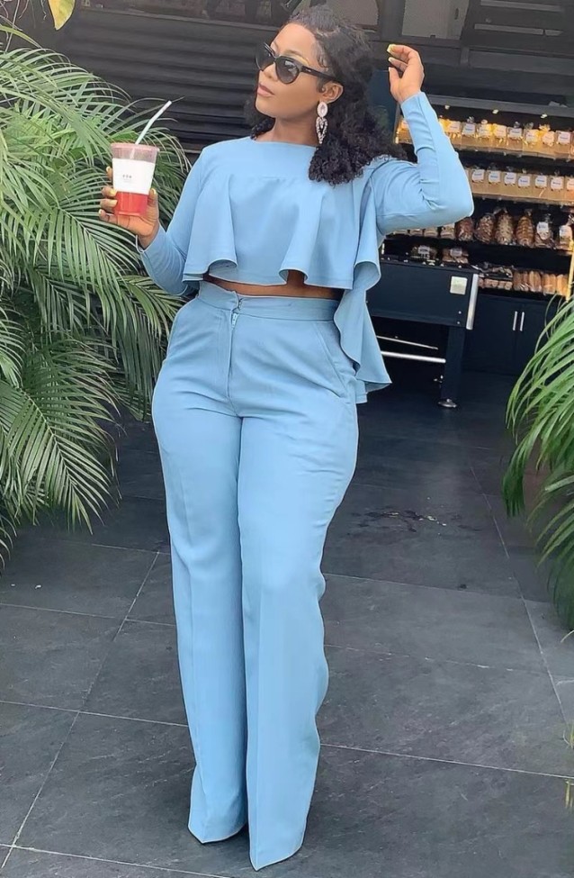 Blue Flounce Long Sleeves Crop Top and High Waist Pant Two Piece Set