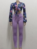 Floral Knotted Long Sleeve Crop Top and Purple Pant Two Piece Set
