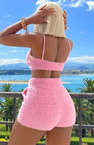 Pink Fluffy Velvet Cami Crop Top and High Waist Drawstring Shorts Two Piece Set